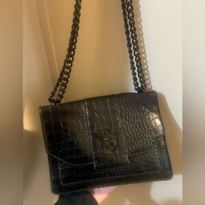 Black Croc-Embossed Chain Shoulder Bag